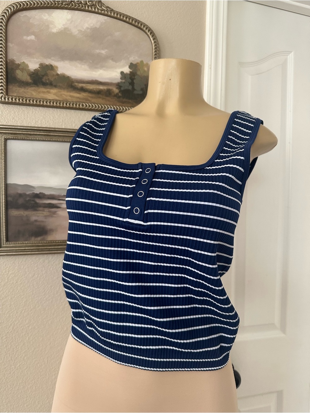 GUESS Navy and White Striped Ribbed Tank with Button Placket